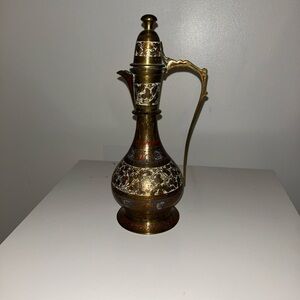 Vintage Brass & Enamel 10” Coffee Pot/Ewer Long Neck Etched Color Applied Handle